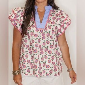Entro Floral Blouse with Blue and Red Accents